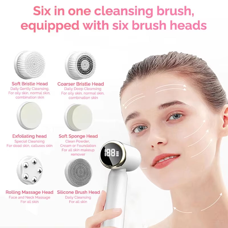 6-In-1 Electric Facial Cleanser Scrub Silicone 3-Speed Cleansing Brush for Acne, Blackhead, Pore Cleaning, Home Beauty Device