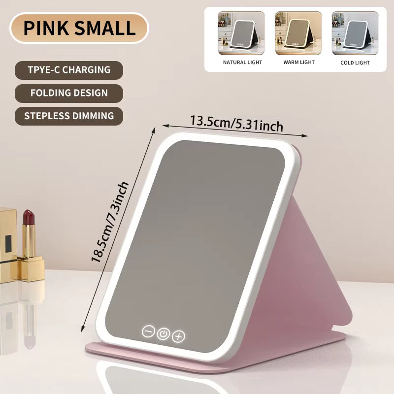 3 Colors Dimmable LED Makeup Mirror with Touch Screen Fold Cosmetic Makeup Mirror Rechargeable Tabletop for Travel & Home Use