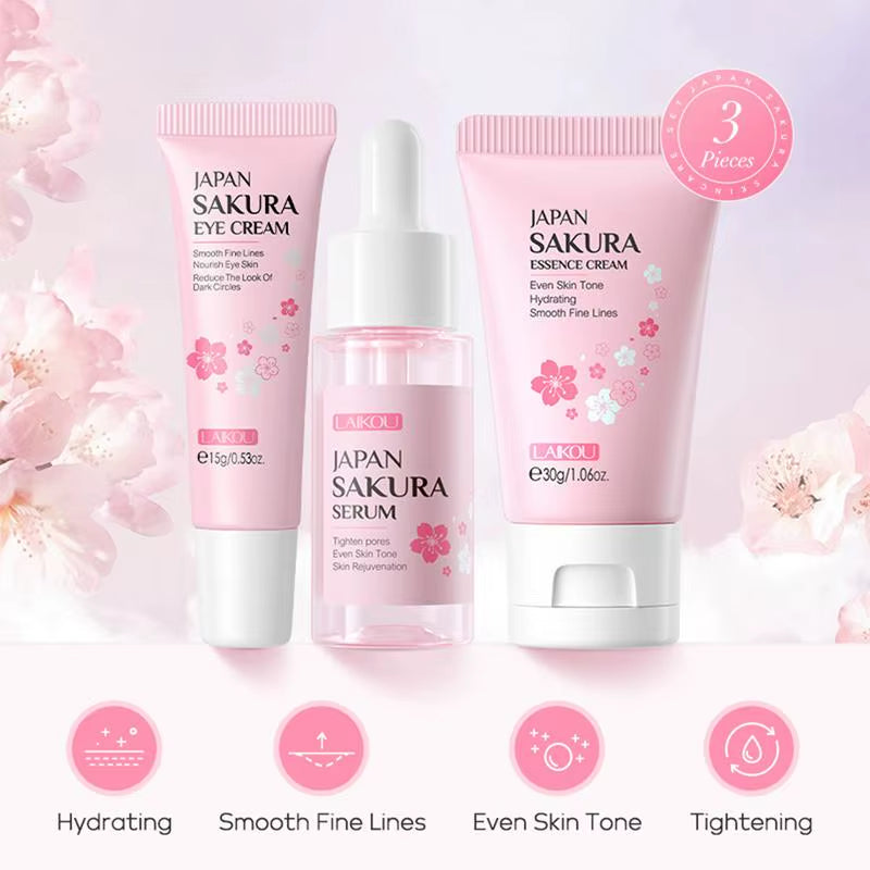 One Set Japan Sakura Skincare Set Korean Face Serum Essence Cream Moisturize Fade Dark Circles Eye Cream Cosmetics Skin Care Set