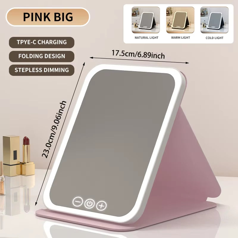 3 Colors Dimmable LED Makeup Mirror with Touch Screen Fold Cosmetic Makeup Mirror Rechargeable Tabletop for Travel & Home Use